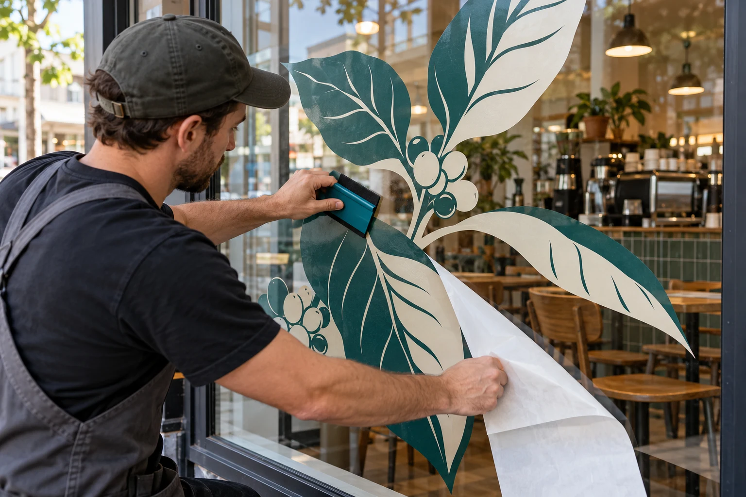 Illustration of printed vinyl being installed on a café window